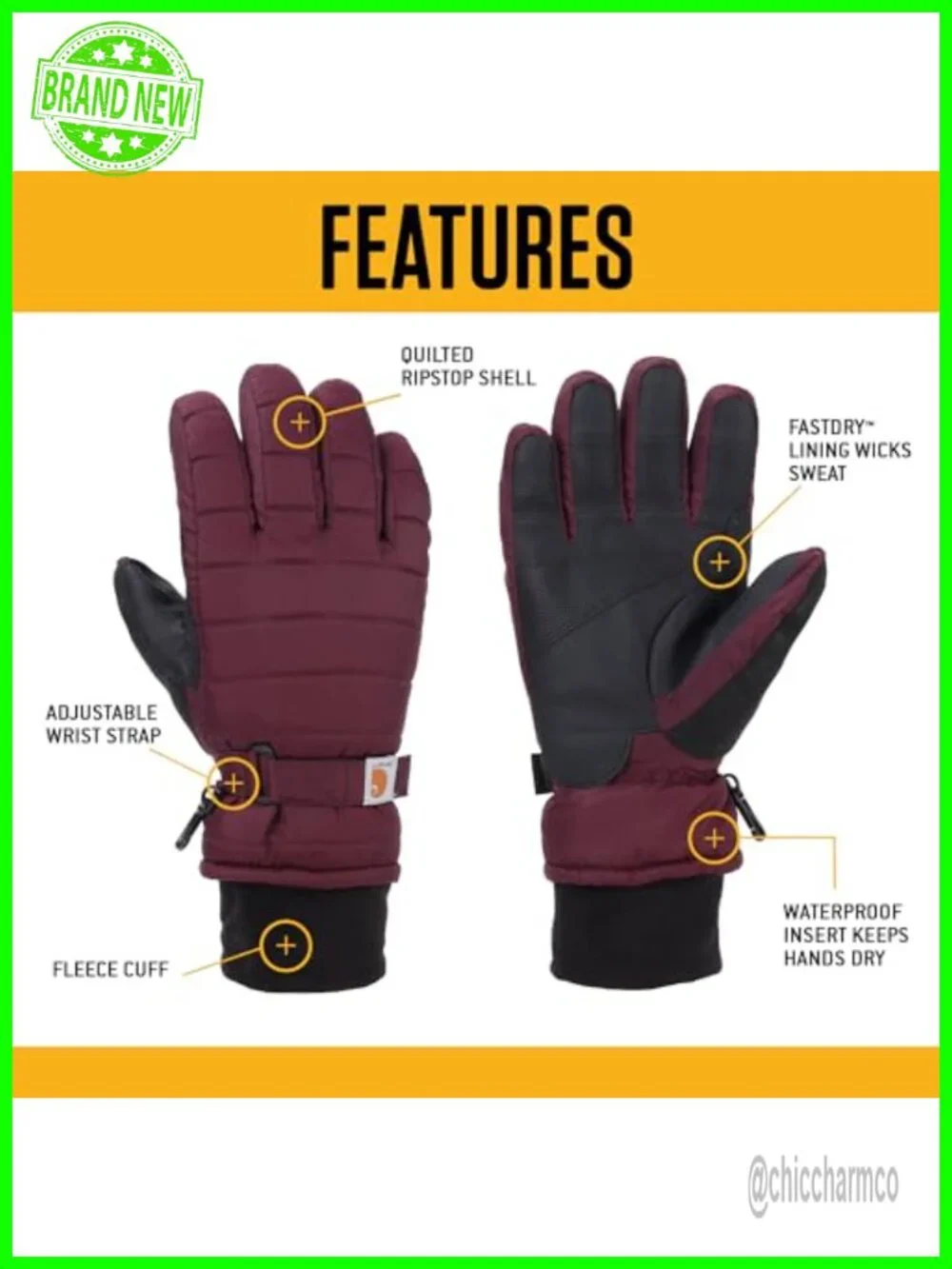 Women's Recycled Ripstop Taffeta Quilted Gloves with PU Palm, Waterproof